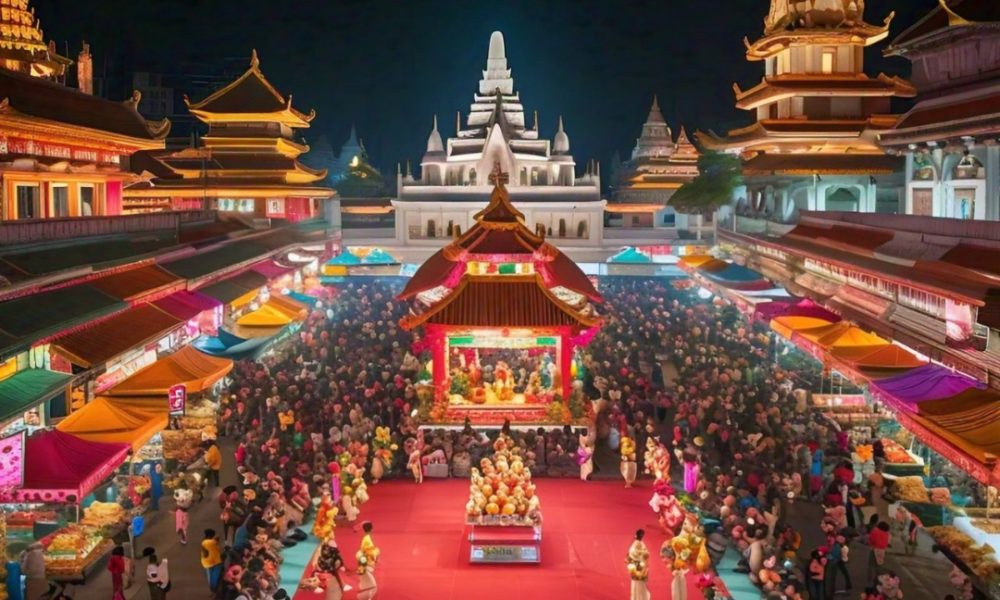 a crowd of people around a large building