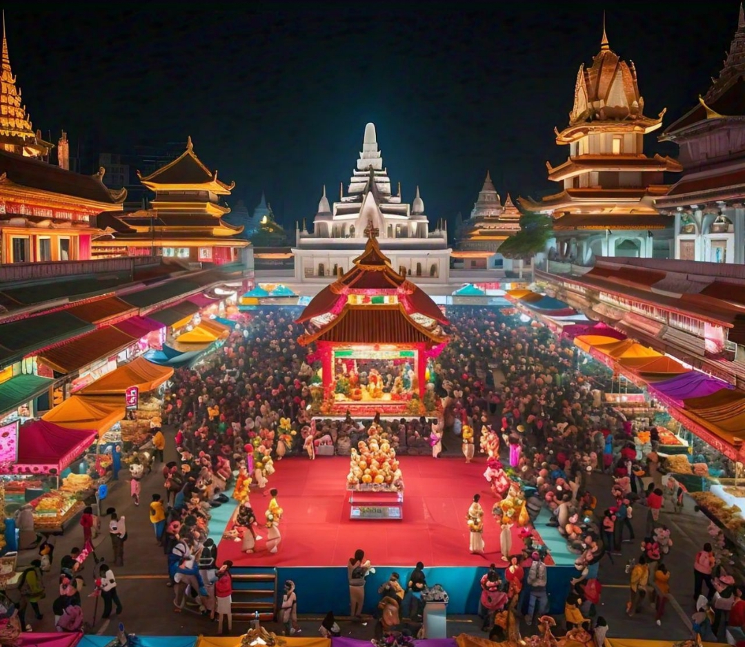 a crowd of people around a large building